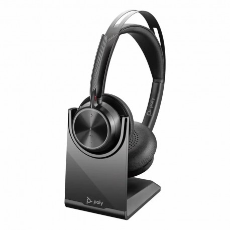 Wireless Voyager Focus 2 UC headphones with stand